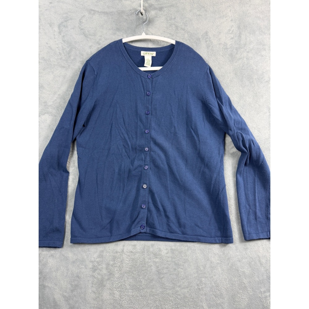Orvis Womens M Blue Cardigan Button Down Crew Neck Cotton Blend Quiet Luxury